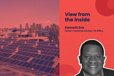 Image of Kenneth Ene with the title 'View from the inside together with a photo of rooftop solar panels in Kenya