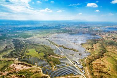 Ariel view of solar farm in Asia