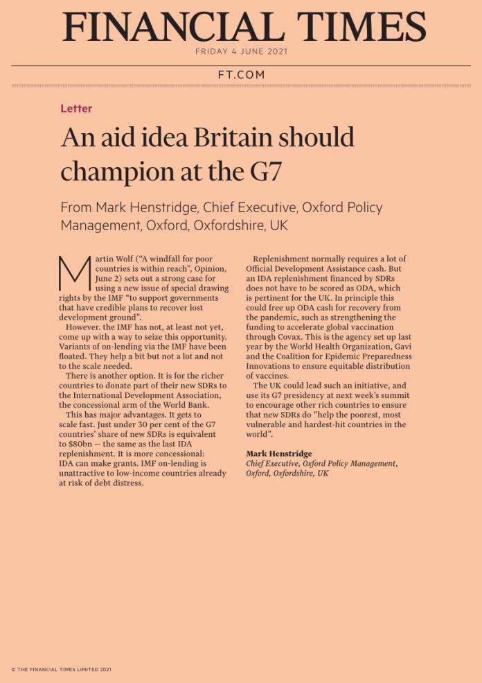 Letter to the FT published 4 June 2021